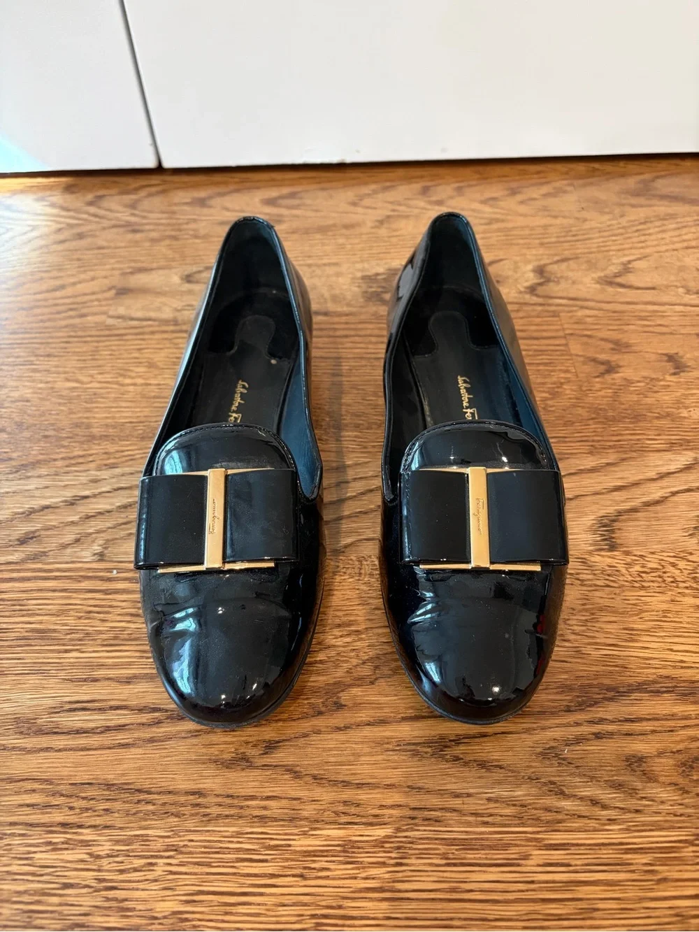 Salvatore Ferragamo Black Patent Vara Bow Loafers